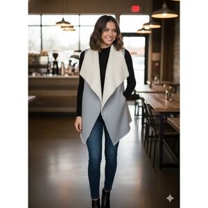 Women's Gray and Cream Open Front Sweater Vest